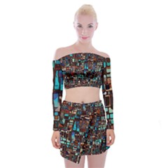 Stained Glass Mosaic Abstract Off Shoulder Top With Mini Skirt Set by Sapixe