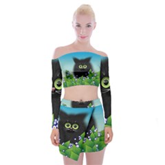 Kitten Black Furry Illustration Off Shoulder Top With Mini Skirt Set by Sapixe