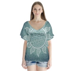 Sun Abstract Summer V-neck Flutter Sleeve Top by HermanTelo