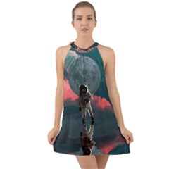 Astronaut Moon Space Planet Halter Tie Back Chiffon Dress by Pakrebo