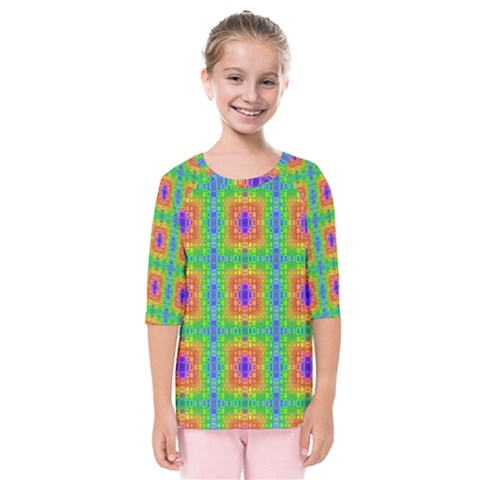 Groovy Purple Green Blue Orange Square Pattern Kids  Quarter Sleeve Raglan Tee by BrightVibesDesign