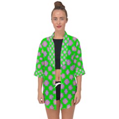 Modern Pink Flowers  On Green Open Front Chiffon Kimono by BrightVibesDesign