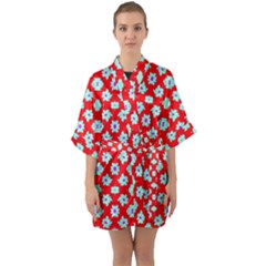 Modern Turquoise Flowers  On Red Quarter Sleeve Kimono Robe by BrightVibesDesign