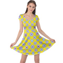 Modern Blue Flowers  On Yellow Cap Sleeve Dress by BrightVibesDesign