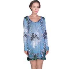 Surfboard With Dolphin Long Sleeve Nightdress by FantasyWorld7