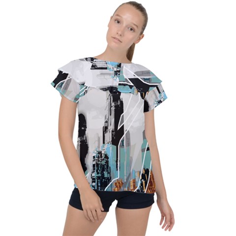 The City Of The Future Collage Ruffle Collar Chiffon Blouse by Pakrebo