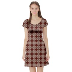 Brown Tiles Leaves Wallpaper Short Sleeve Skater Dress by Pakrebo