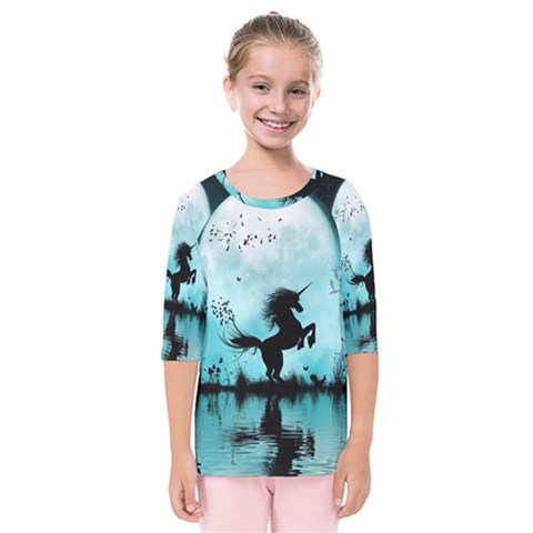 Wonderful Unicorn Silhouette In The Night Kids  Quarter Sleeve Raglan Tee by FantasyWorld7