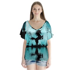 Wonderful Unicorn Silhouette In The Night V-neck Flutter Sleeve Top by FantasyWorld7