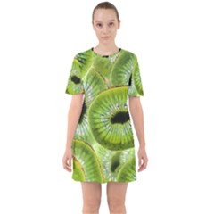 Sliced Kiwi Fruits Green Sixties Short Sleeve Mini Dress by Pakrebo