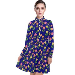 Flowers Roses Blue Long Sleeve Chiffon Shirt Dress by Bajindul