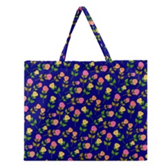 Flowers Roses Blue Zipper Large Tote Bag by Bajindul