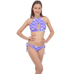 Geometric Plaid Purple Blue Cross Front Halter Bikini Set by Mariart