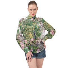 Peafowl Peacock Feather Beautiful High Neck Long Sleeve Chiffon Top by Sudhe