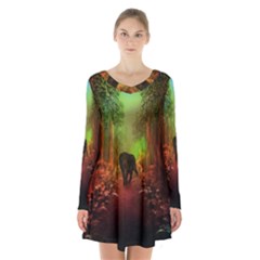 The Lonely Wolf In The Night Long Sleeve Velvet V-neck Dress by FantasyWorld7