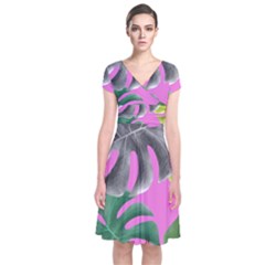 Tropical Greens Leaves Design Short Sleeve Front Wrap Dress by Simbadda