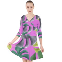 Tropical Greens Leaves Design Quarter Sleeve Front Wrap Dress by Simbadda