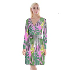 Tropical Greens Leaves Design Long Sleeve Velvet Front Wrap Dress by Simbadda