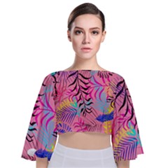 Illustration Reason Leaves Design Tie Back Butterfly Sleeve Chiffon Top by Simbadda