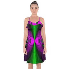 Abstract Artwork Fractal Background Green Purple Ruffle Detail Chiffon Dress by Sudhe