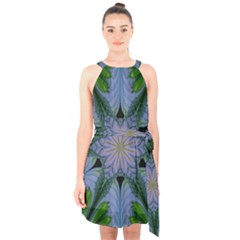 Abstract Flower Artwork Art Green Halter Collar Waist Tie Chiffon Dress by Sudhe