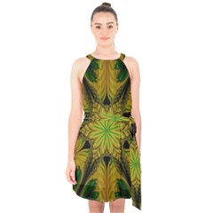 Abstract Flower Artwork Art Green Yellow Halter Collar Waist Tie Chiffon Dress by Sudhe