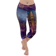 City Lights Skyline Buildings Lightweight Velour Capri Yoga Leggings by Wegoenart