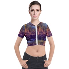 City Lights Skyline Buildings Short Sleeve Cropped Jacket by Wegoenart