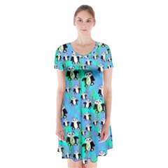 Cute Panda Bears Pattern Short Sleeve V-neck Flare Dress by bloomingvinedesign