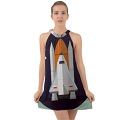 Rocket Space Universe Spaceship Halter Tie Back Chiffon Dress by Pakrebo