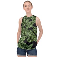 Leaves Pattern Tropical Green High Neck Satin Top by Pakrebo