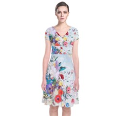 Floral Bouquet Short Sleeve Front Wrap Dress by Sobalvarro