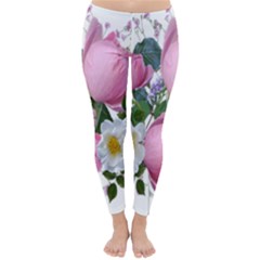 Flowers Roses Pink White Blooms Classic Winter Leggings by Simbadda