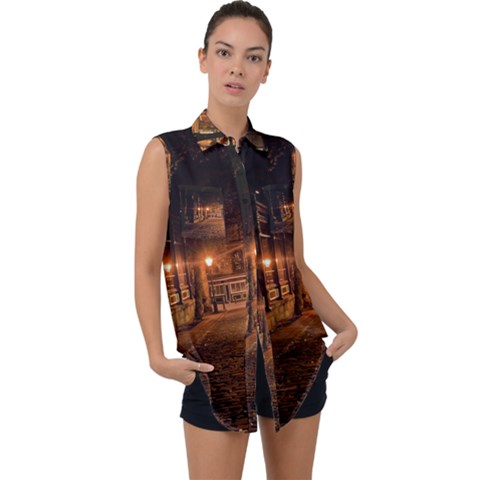 City Night Dark Architecture Lamps Sleeveless Chiffon Button Shirt by Sudhe