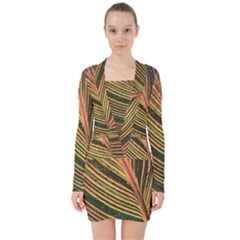 Leaf Patten Lines Colorful Plant V-neck Bodycon Long Sleeve Dress by Simbadda