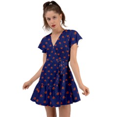 Red Rose Blue Flutter Sleeve Wrap Dress by snowwhitegirl