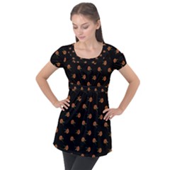 Peach Rose Black Puff Sleeve Tunic Top by snowwhitegirl