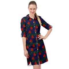 Red Roses Dark Blue Long Sleeve Mini Shirt Dress by snowwhitegirl