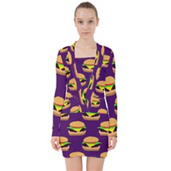 Burger Pattern V-neck Bodycon Long Sleeve Dress by bloomingvinedesign