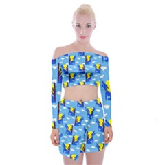 Blue Coyote Pattern Off Shoulder Top With Mini Skirt Set by bloomingvinedesign