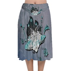 Sport, Surfboard With Flowers And Fish Velvet Flared Midi Skirt by FantasyWorld7