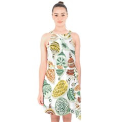 Surface Pattern  Vintage Christmas Ornaments Halter Collar Waist Tie Chiffon Dress by Sudhe
