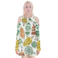 Surface Pattern  Vintage Christmas Ornaments Velvet Long Sleeve Shoulder Cutout Dress by Sudhe