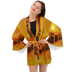 City Sun Clouds Smog Sky Yellow Long Sleeve Kimono by Simbadda