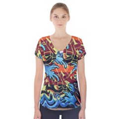 Graffiti Colourful Street Art Art Short Sleeve Front Detail Top by Simbadda