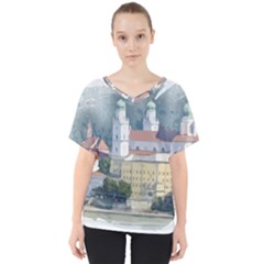 Architecture Old Sky Travel V-neck Dolman Drape Top by Simbadda