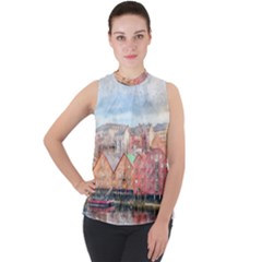 Architecture City Buildings River Mock Neck Chiffon Sleeveless Top by Simbadda