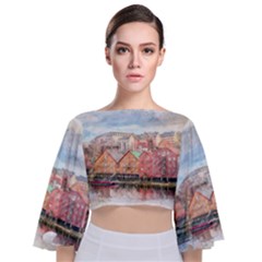 Architecture City Buildings River Tie Back Butterfly Sleeve Chiffon Top by Simbadda