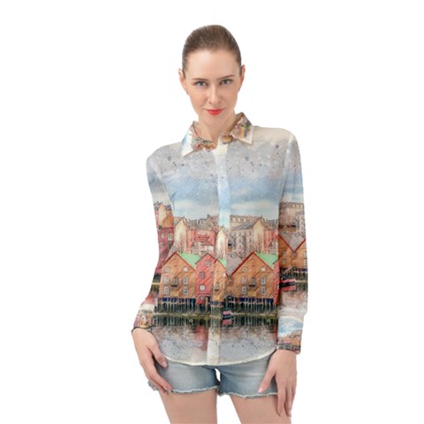 Architecture City Buildings River Long Sleeve Chiffon Shirt by Simbadda