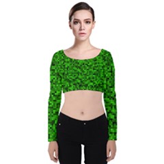 Green Mosaic Velvet Long Sleeve Crop Top by retrotoomoderndesigns